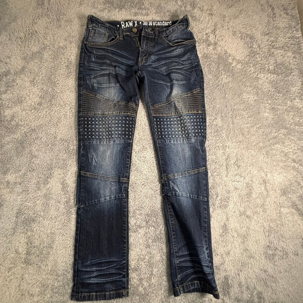 Raw X Mens Moto Jeans 30x30 Blue Dark Wash Ribbed Knee Embroidered Denim Pants